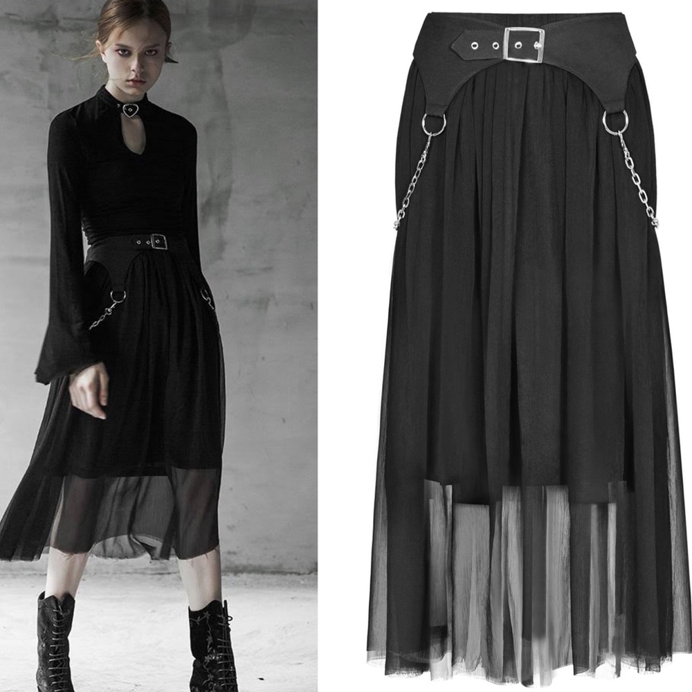 PUNK RAVE Elsbeth Sheer Mesh Chiffon Skirt Corset Belt Midi Length Black XS/S